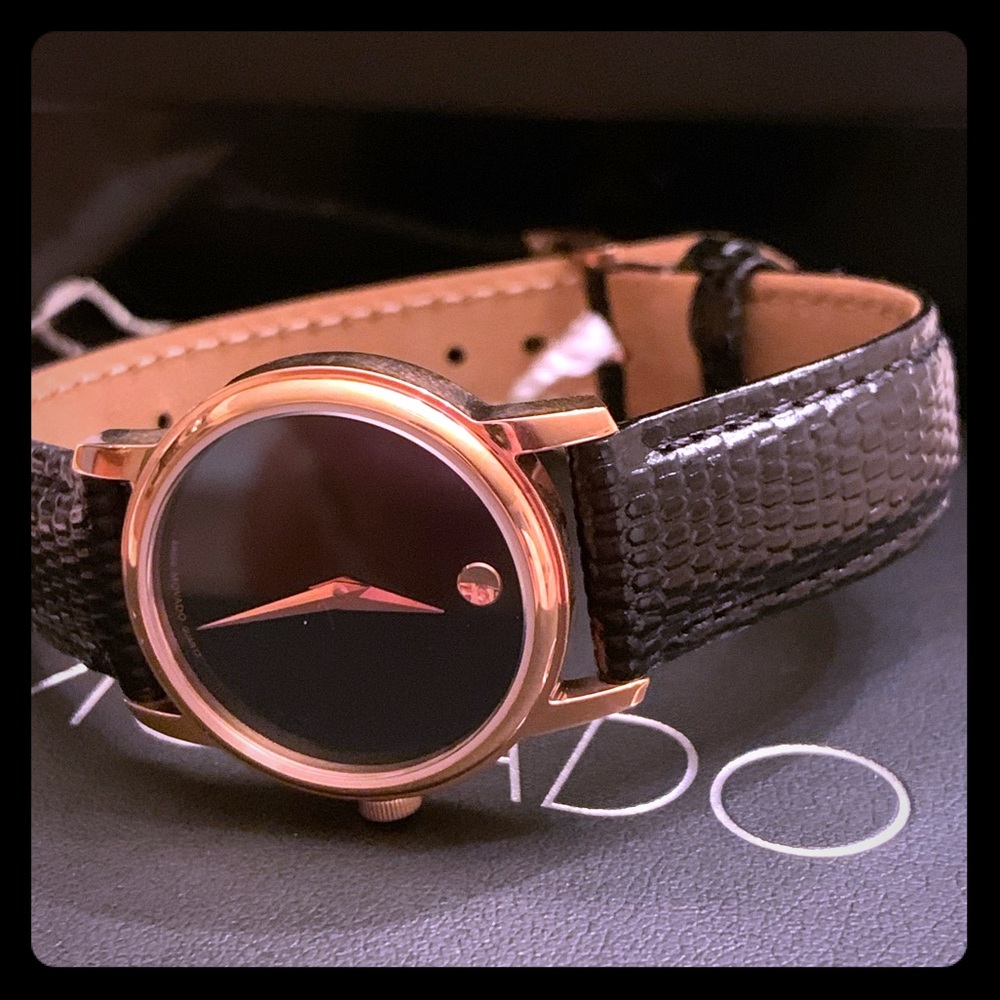Movado ladies rose gold and black watch